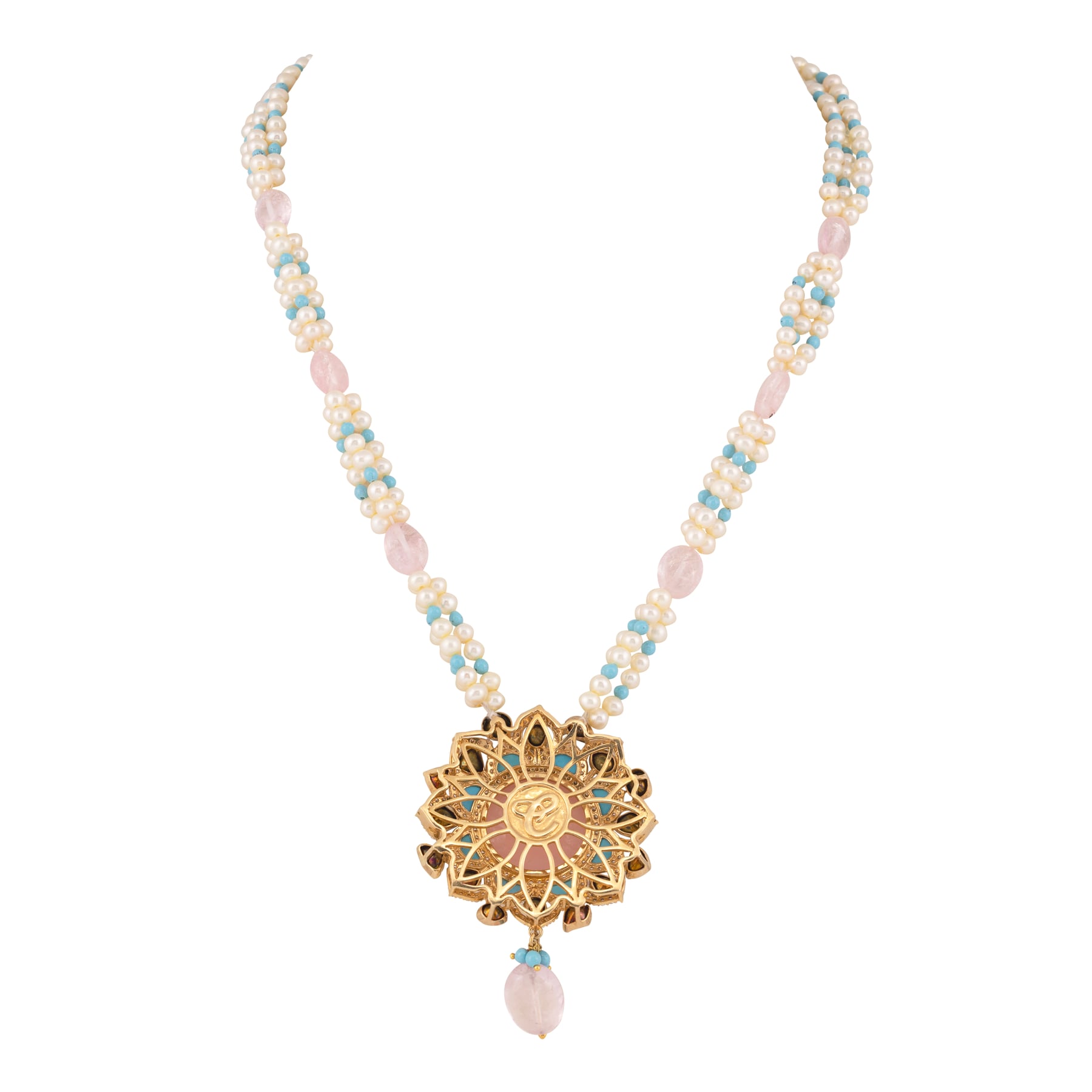 Carved Pink and Turquoise Gemstone Necklace with Polkis and Pearl